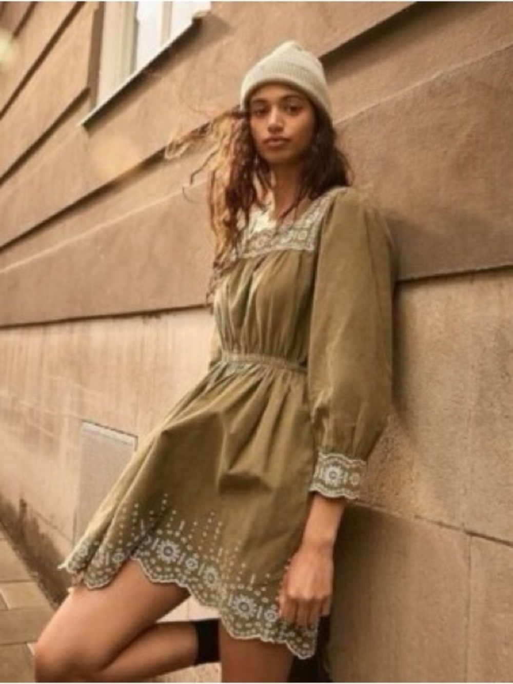 Madewell Olive Mini Dress with White Eyelet Trim